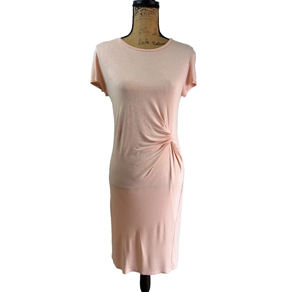 LOGG H&M Women Blush Pink Twist Front Midi Dress Short Sleeve Stretch Knit Sz S